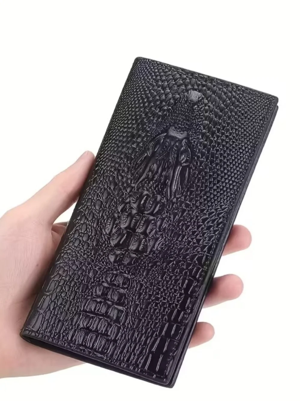 Men's Black Croc-Textured Long Card Holder